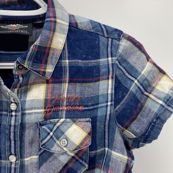 Harley Davidson button up short sleeve plaid semi distressed logo front n back - Picture 3 of 12